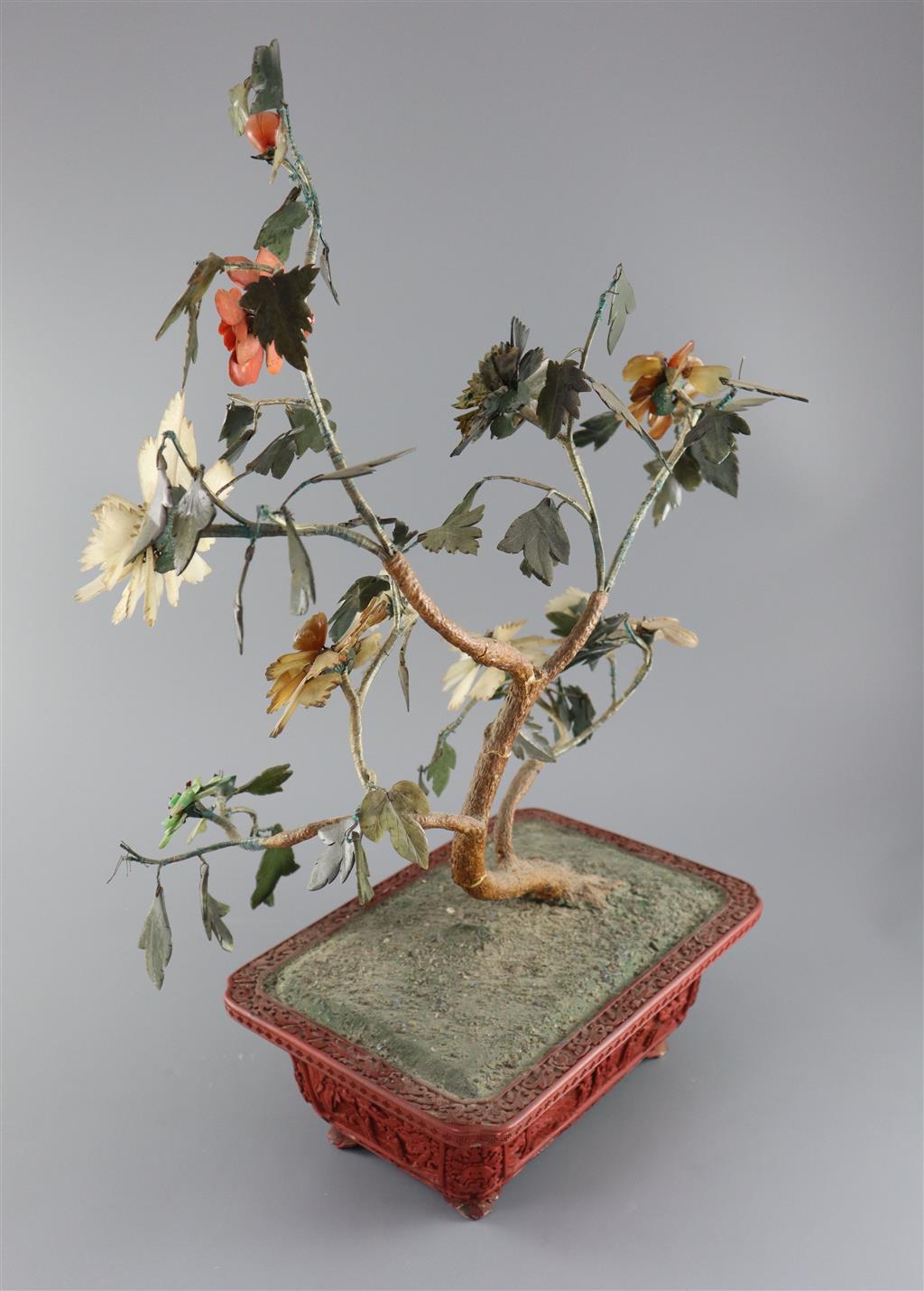 A Chinese jade and hardstone model of a tree, 19th century, total height 58cm